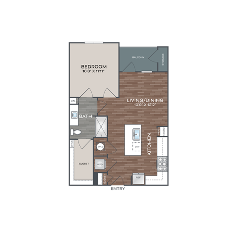 A floor plan of a small apartment with a bedroom, living room, and kitchen.